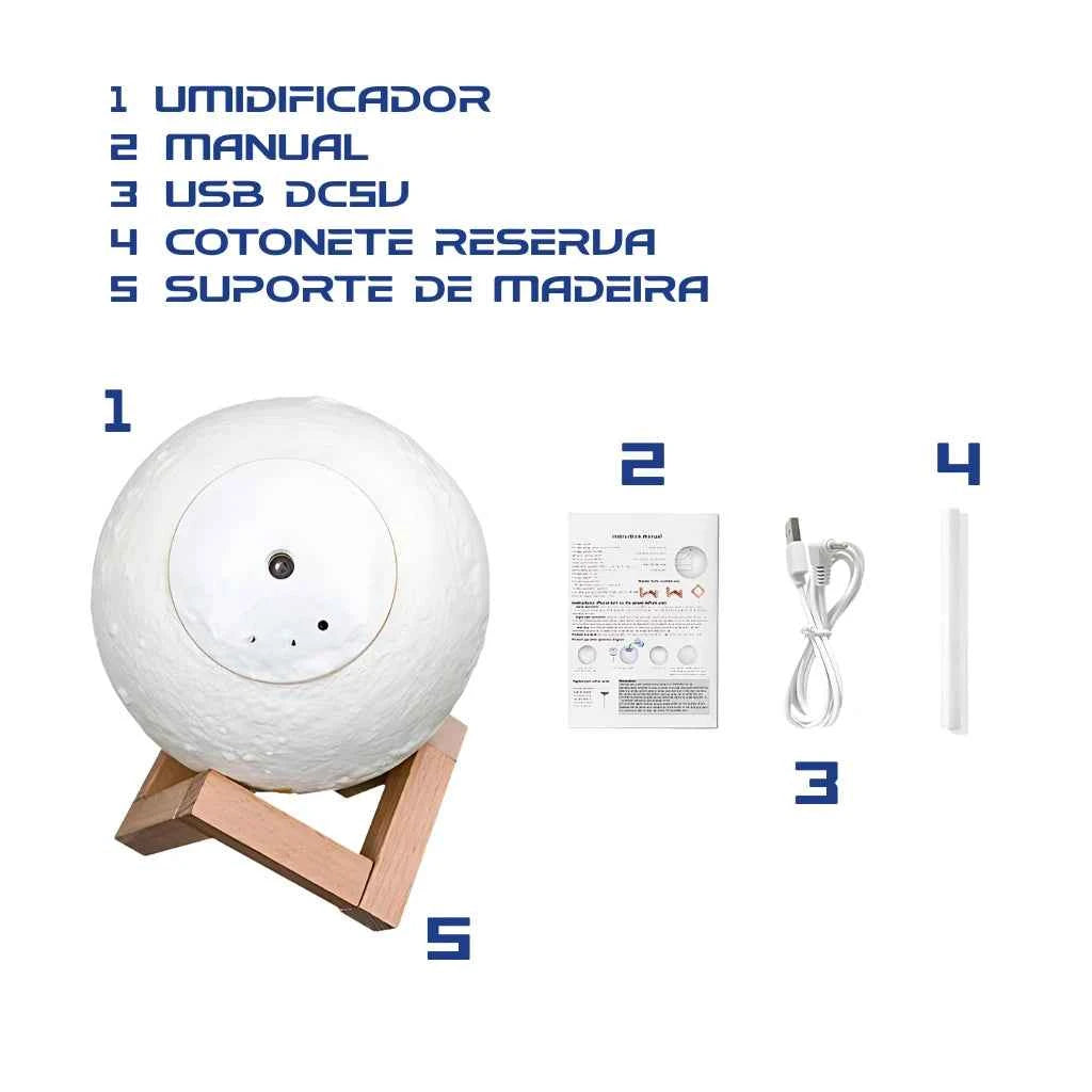Luminária de Lua com Umidificador de Ar Ultrassônico